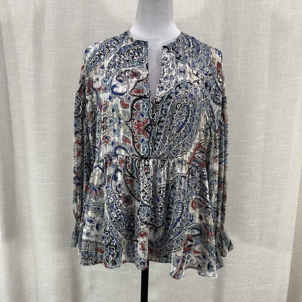 Zara‎ Womens Blouse XS Red White And Blue Paisley Peasant Top